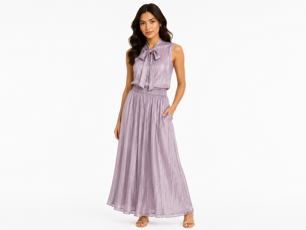Women satin tie-neck blouse &pleated maxi skirt set-lilac
