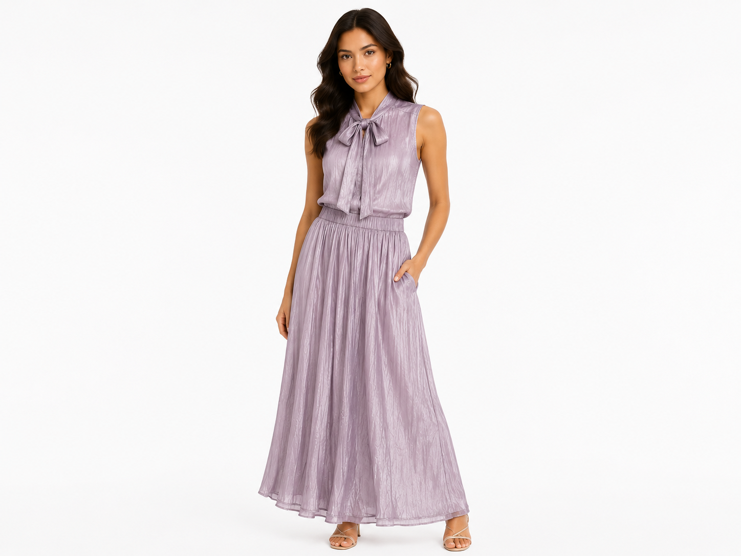 Women satin tie-neck blouse &pleated maxi skirt set-lilac