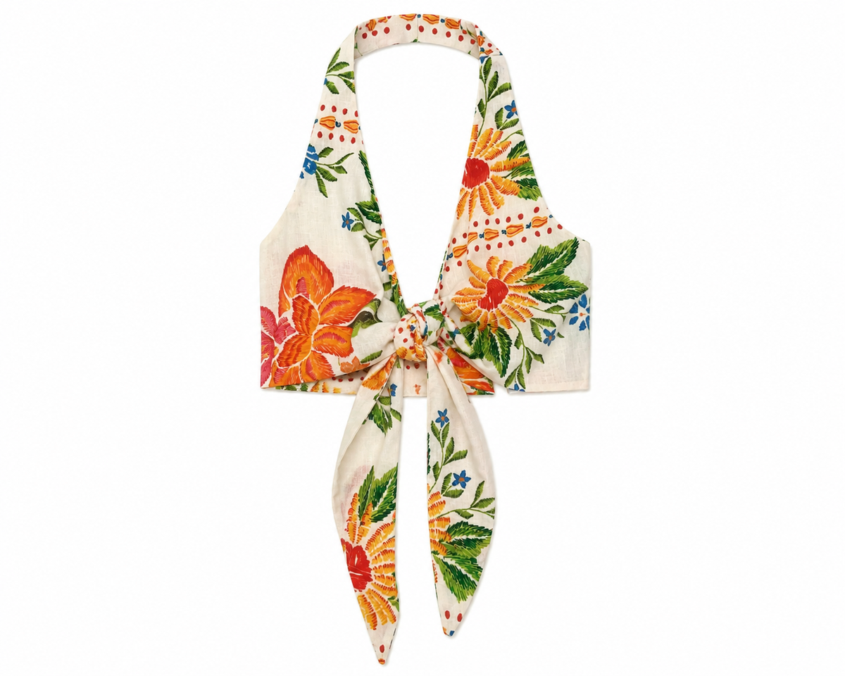 Topical floral halter tie crop top