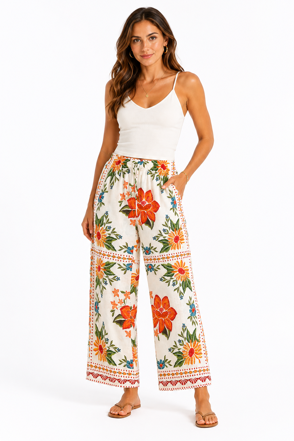 Tropical floral wide-leg linen blend pants