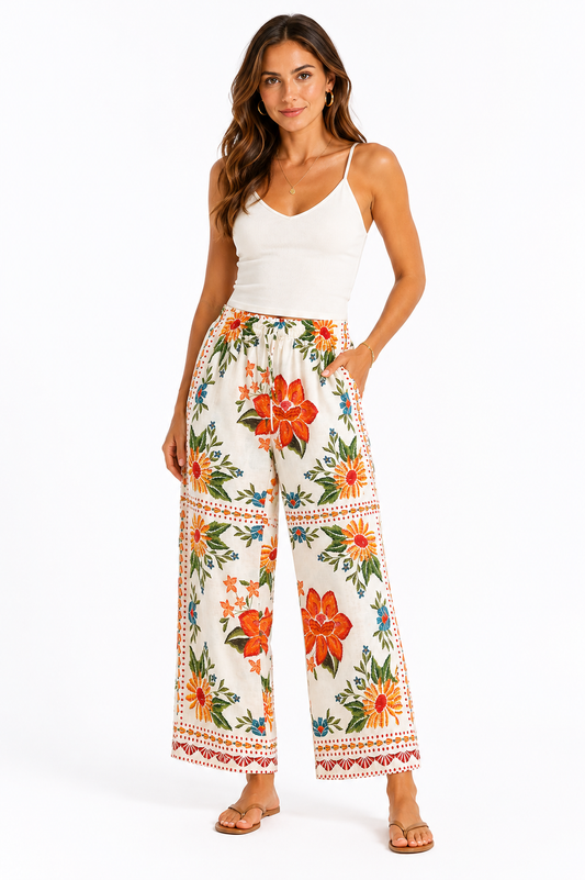 Tropical floral wide-leg linen blend pants