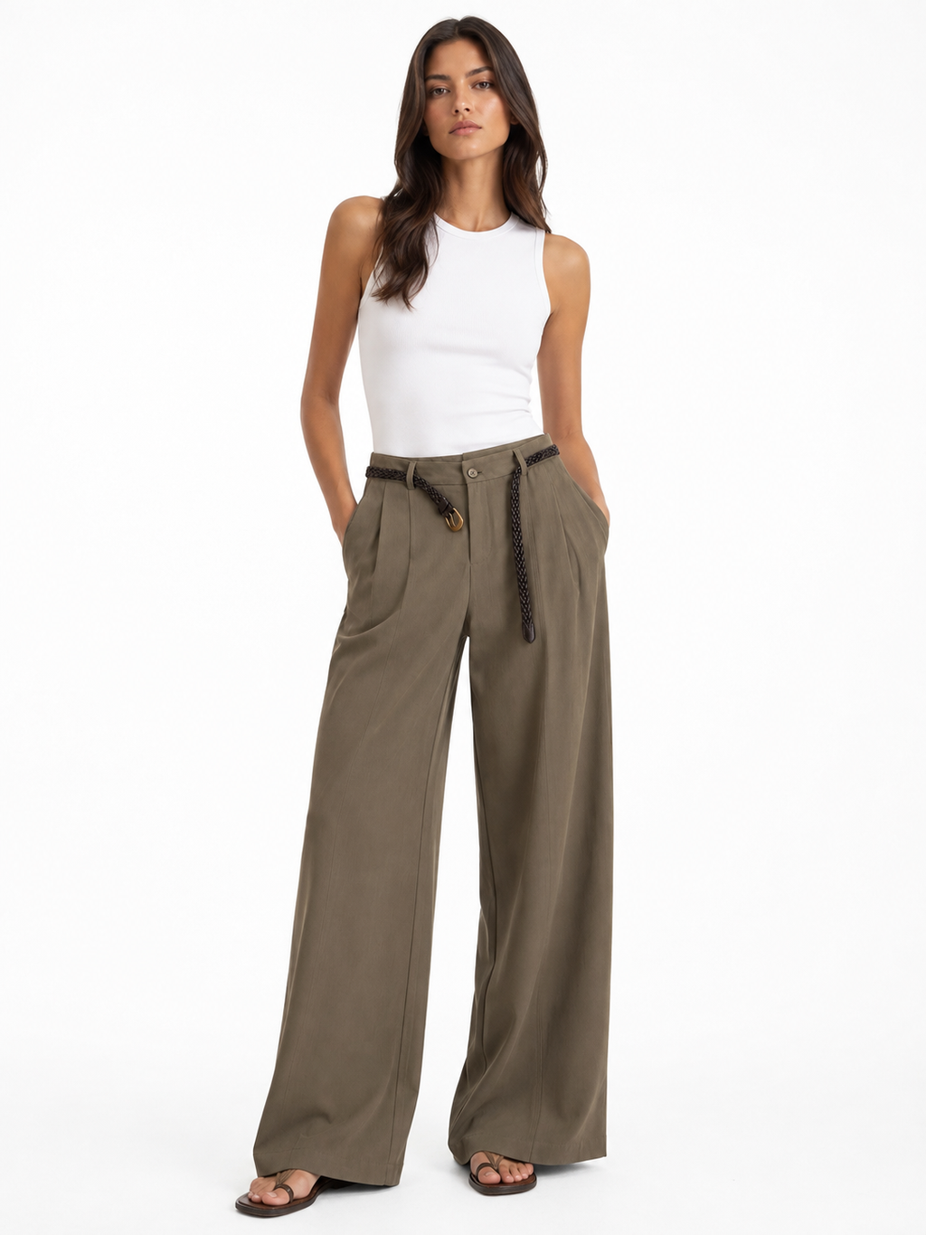 Olive high-waisted wide-leg culotte pants with braided blet