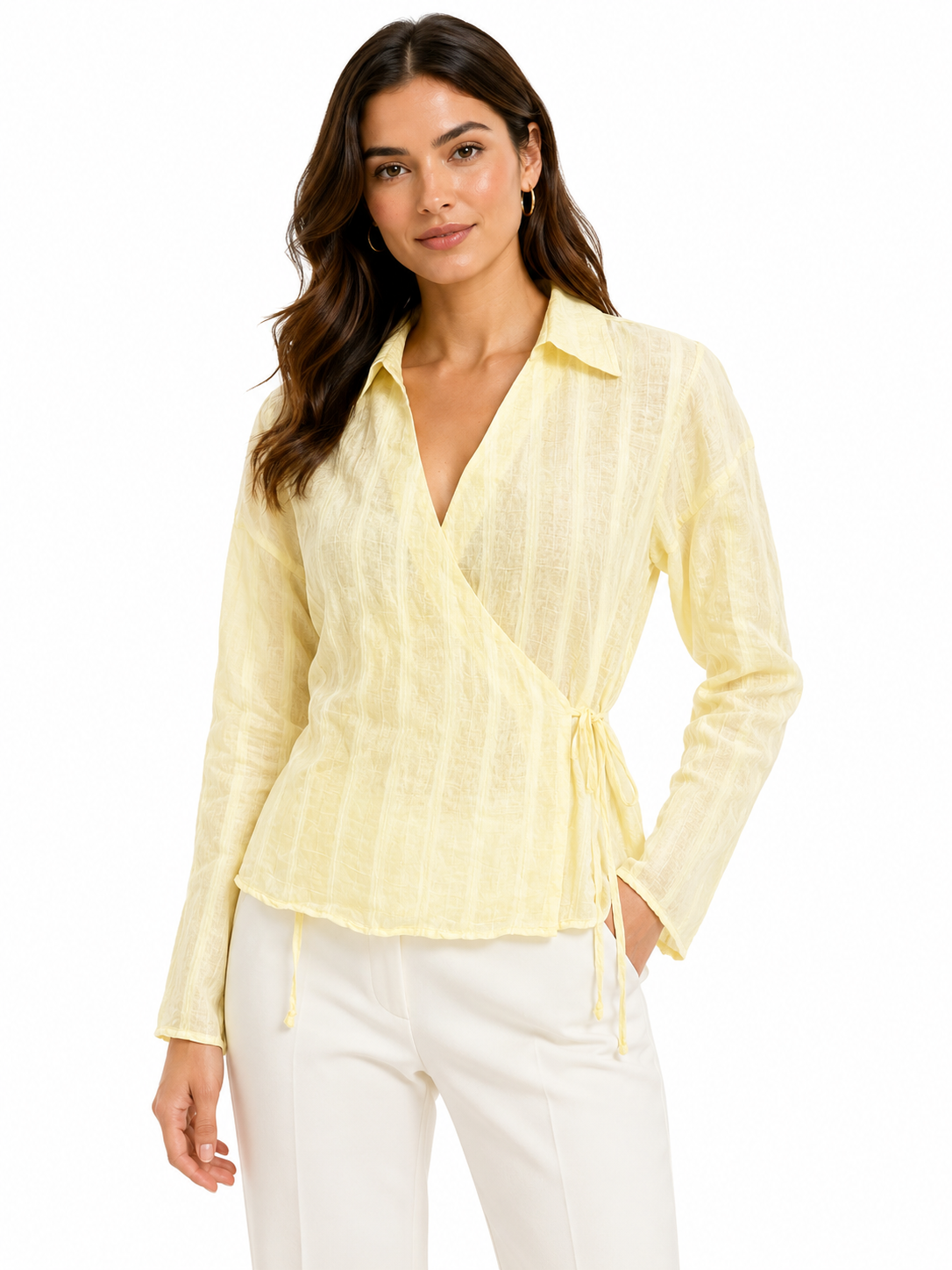 Butter yellow textured wrap blouse