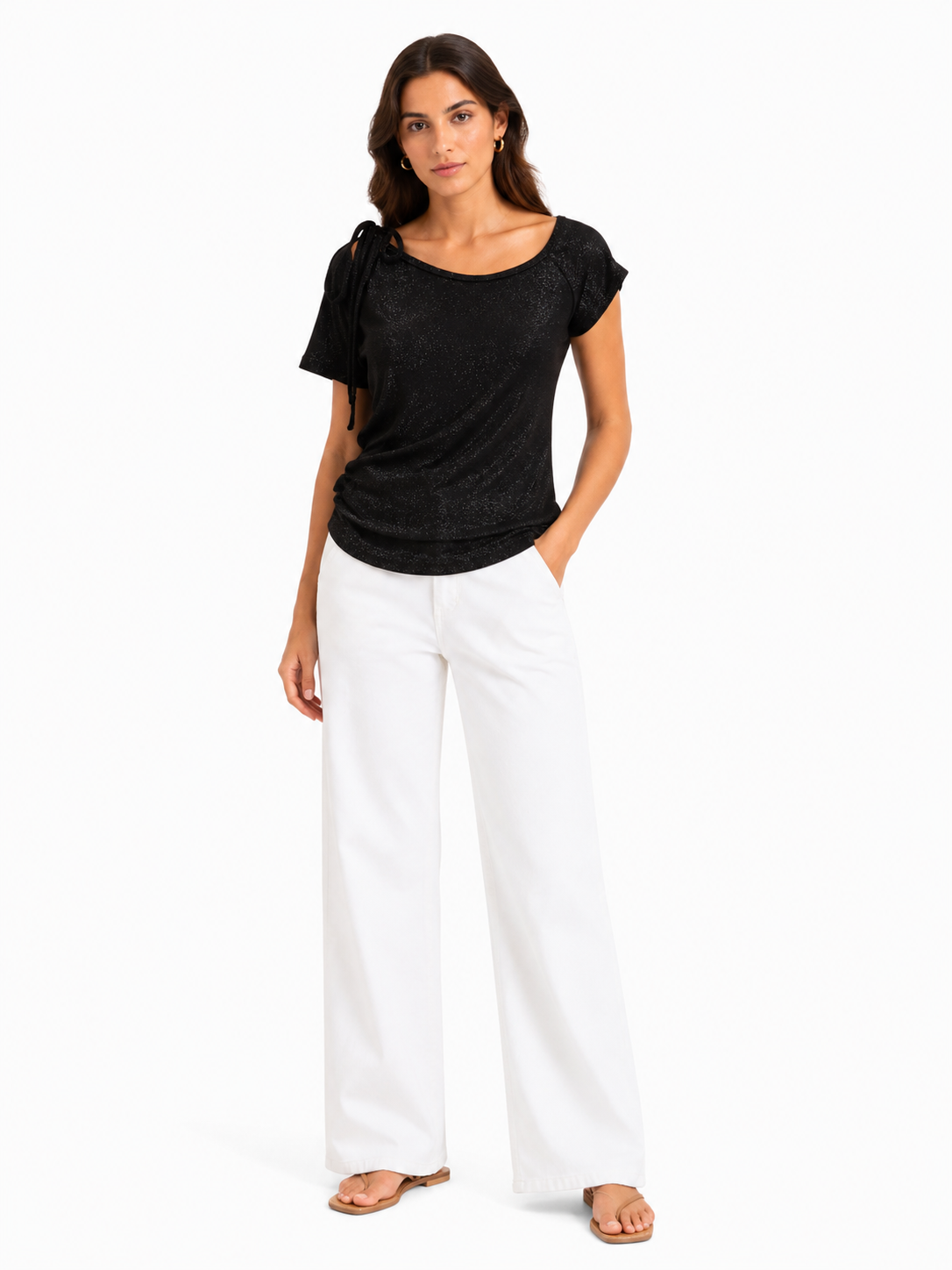 Midnight sparkle ruched tie-shoulder top