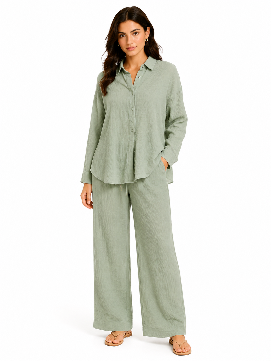 Sage breeze textured shirt & wide-leg pants set