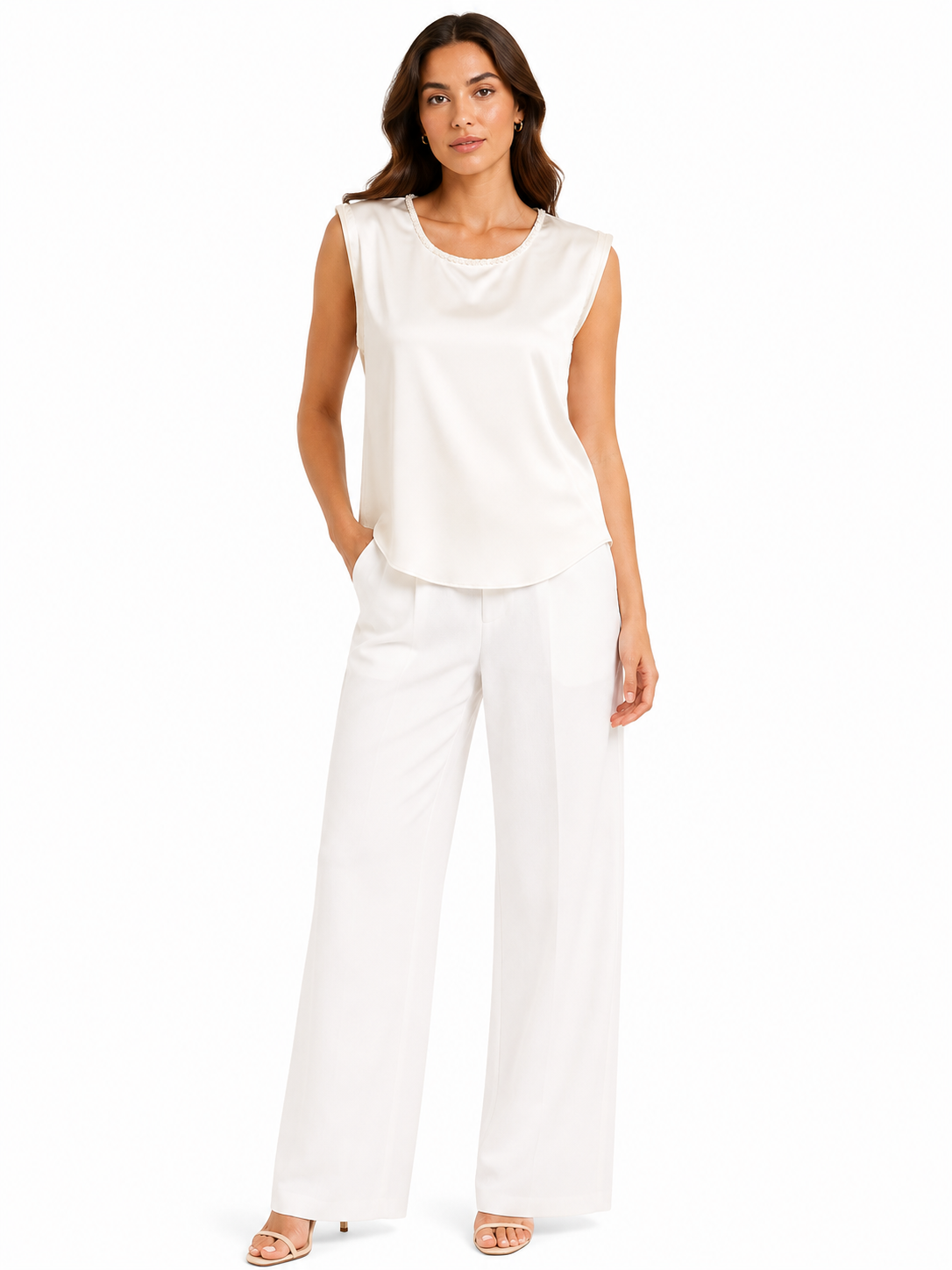 Pearl trim sleeveless blouse-ivory